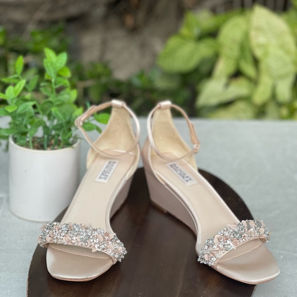- Badgley Mischka Soft Nude Crystal embellished wedge heel ankle strap size 9.5 - Picture 10 of 13